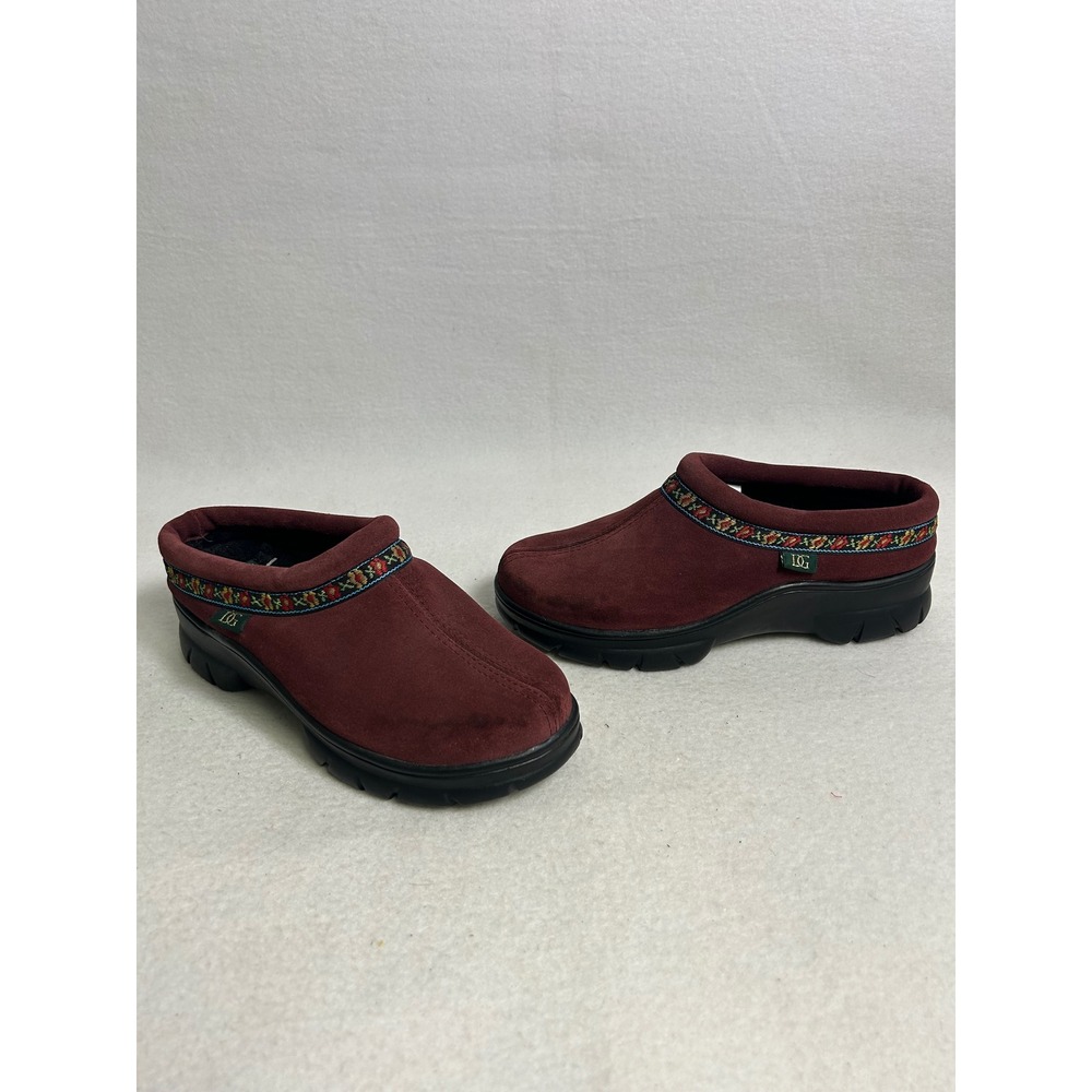 Boho Cottagecore Daniel Green Women 7 Burgundy Suede Floral Trim Fur Lined Clogs